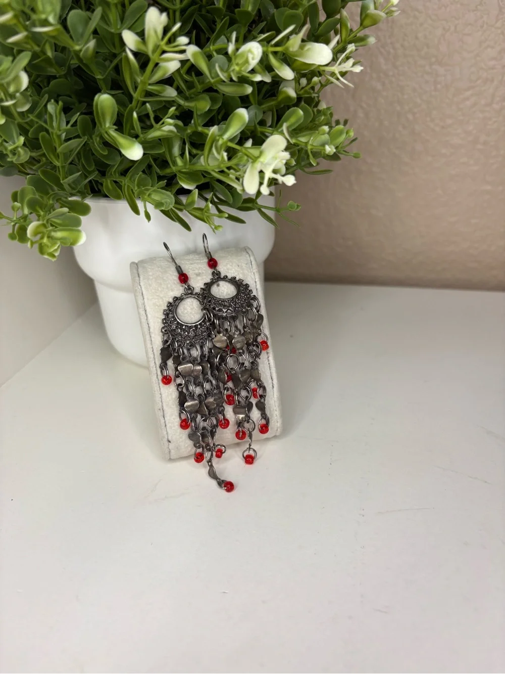 Vintage Boho Silver Chandelier Dangle Earrings Red Bead Fringe Statement
